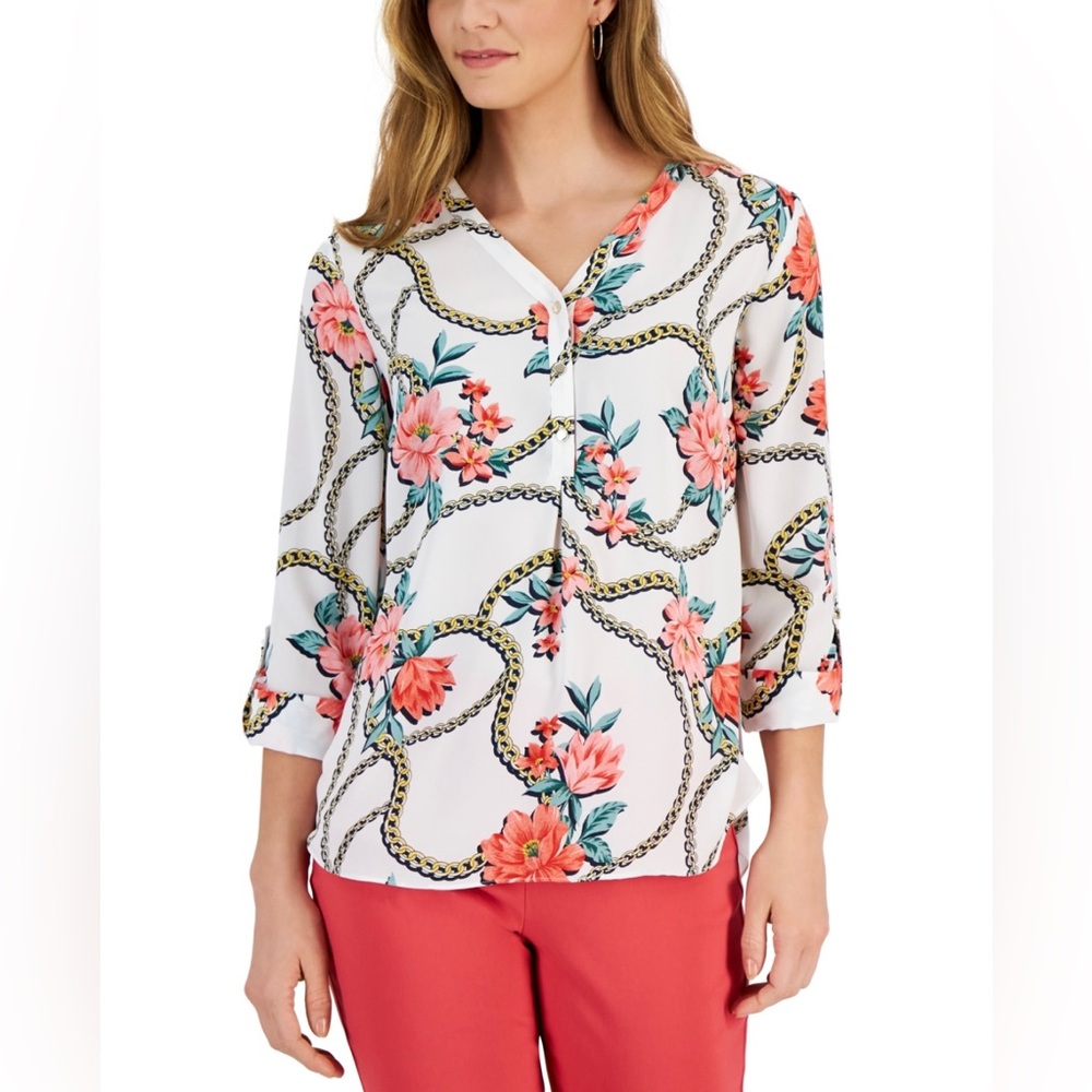 Jm Collection Women’s Small Gardenia Floral-Print Blouse V-neck Long Sleeves